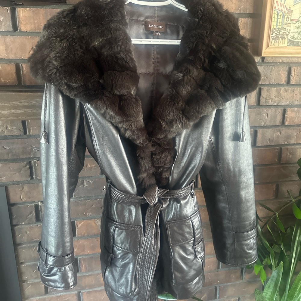 Vintage Danier Women's Dark Brown Leather Jacket with rabbit fur collar